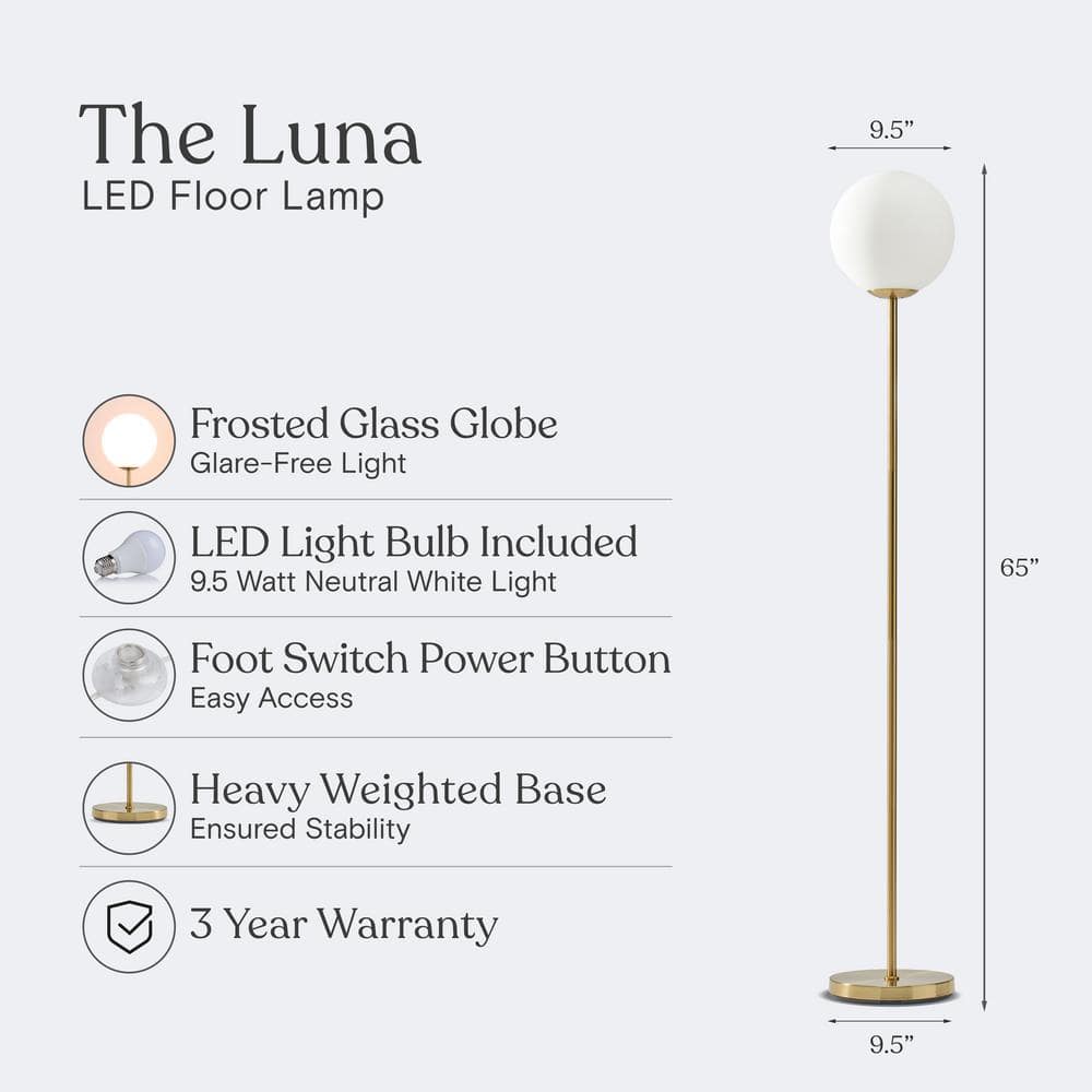 Luna Frosted Glass Globe Adjustable LED Floor Lamp for Kids in Brass