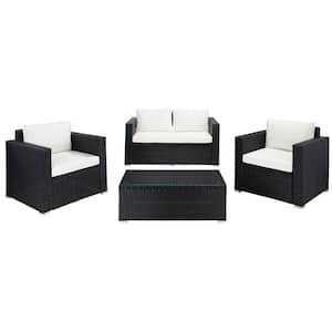 Machie Black 4-Piece Wicker Patio Conversation Set with Beige Cushions