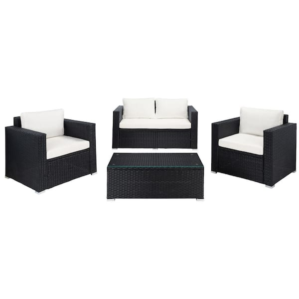 SAFAVIEH Machie Black 4-Piece Wicker Patio Conversation Set with Beige Cushions