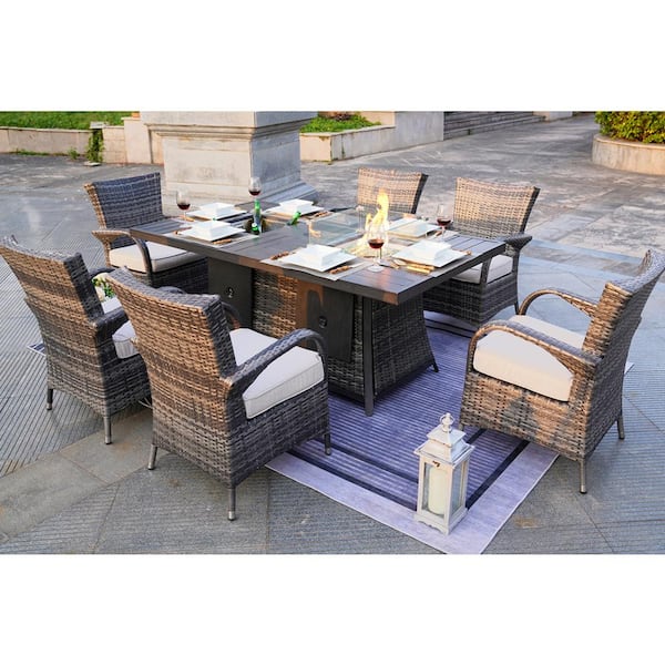 moda furnishings Gustava Gray 7-Piece Alu Patio Fire Pit Conversation Sofa Set with Beige Cushions