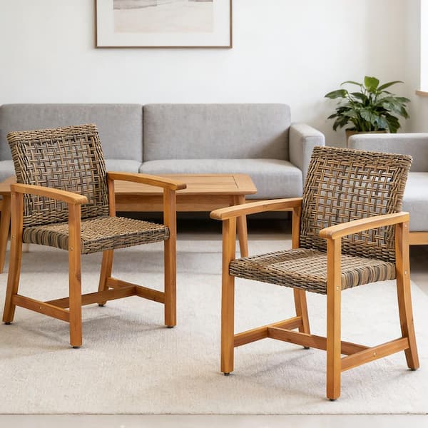 Hampton Natural Stained Patio Acacia Wood Outdoor Wicker Dining Chair(2-Pack)