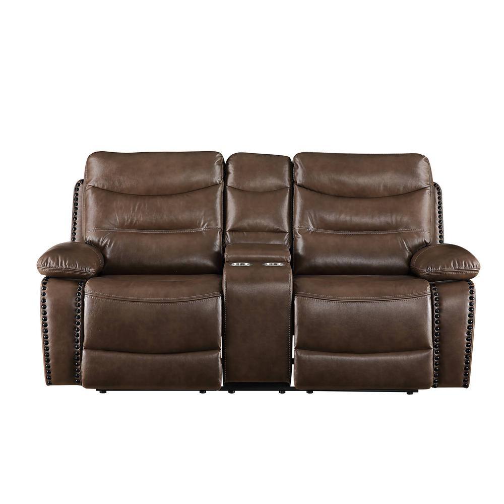 Aashi Brown Leather Tufted Reclining Loveseat with Storage Console