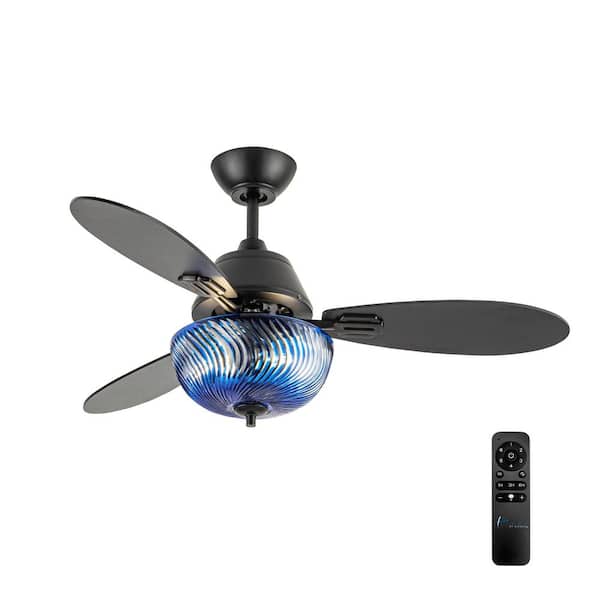 Aubrey 42 in. 2-Light Indoor Black Ceiling Fan with Blue Swirl Hand-Cut Glass Shade and Remote Control