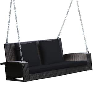 2-Person Wicker Patio Rattan Porch Swing with Black Cushions