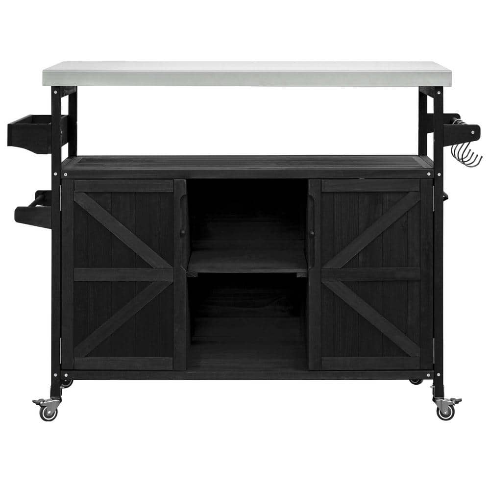 Black Wood 50.25 in. Kitchen Island with Stainless Steel Top, Spice Rack, T