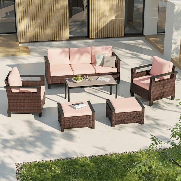 6-Pieces Patio Conversation Set with Coffee Table Wide Armrests Sofa Brown PE Wicker with Sand Cushions