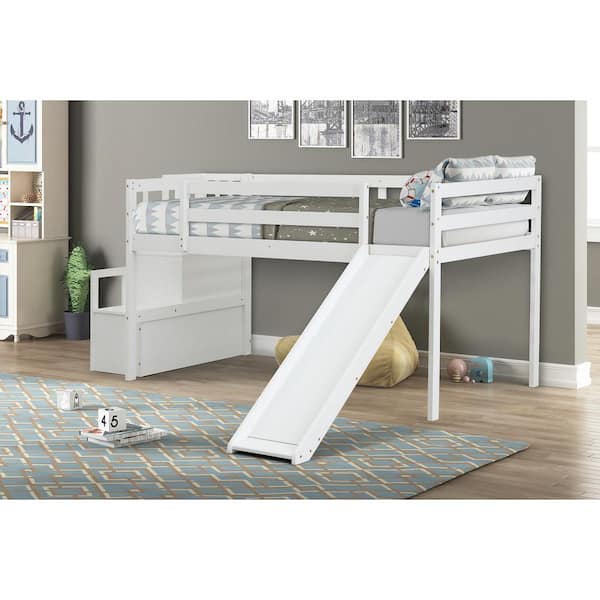 GODEER White Twin Size Loft Bed with Staircase, Storage, Slide