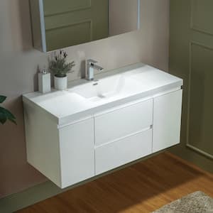 NJ 47.25 in. W x 19.63 in. D x 22.5 in. H Single Sink Floating Bath LED Vanity in White with White Resin Top