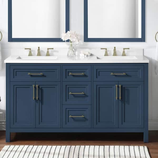 Home Decorators Collection Mayfield 60 in. W x 22 in. D x 34 in. H Double Sink Bath Vanity in Grayish Blue with White Engineered Stone Top