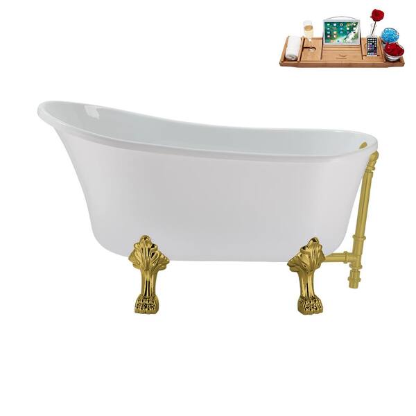 Streamline 51 in. Acrylic Clawfoot Non-Whirlpool Bathtub in Glossy White with Brushed Gold Drain And Polished Gold Clawfeet