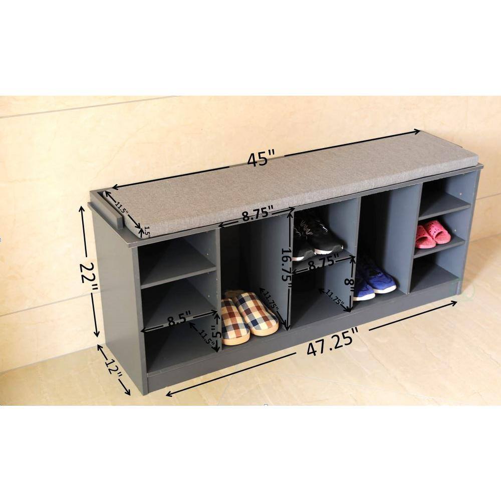Gray Wooden Shoe Cubicle Storage Entryway Bench with Cushion