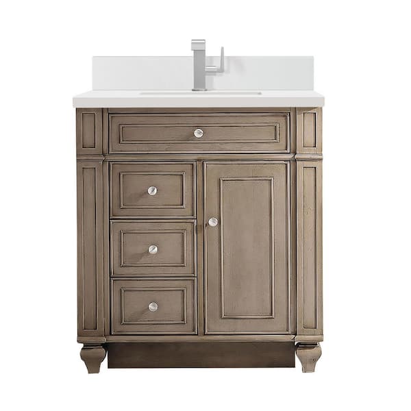 James Martin Vanities Bristol 30.0 in. W x 23.5 in. D x 34.0 in. H Bathroom Vanity in Whitewashed Walnut with White Zeus Silestone Quartz Top
