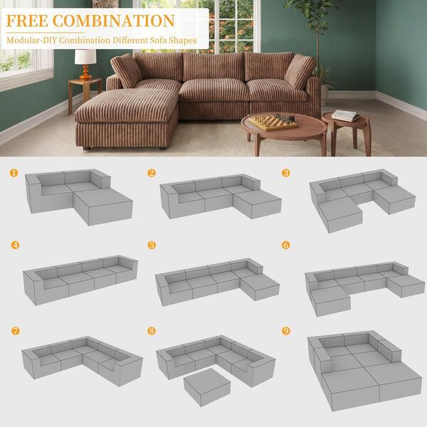 J&E Home 118.11 in. Rabbit Plush Fabric Square Arm 4-Piece L