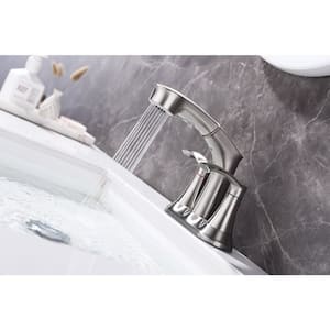 Mondawell Pull Out Spray 4 in. Centerset Double-Handle High Arc Bathroom Faucet with Pull Out Spray in Brushed Nickel