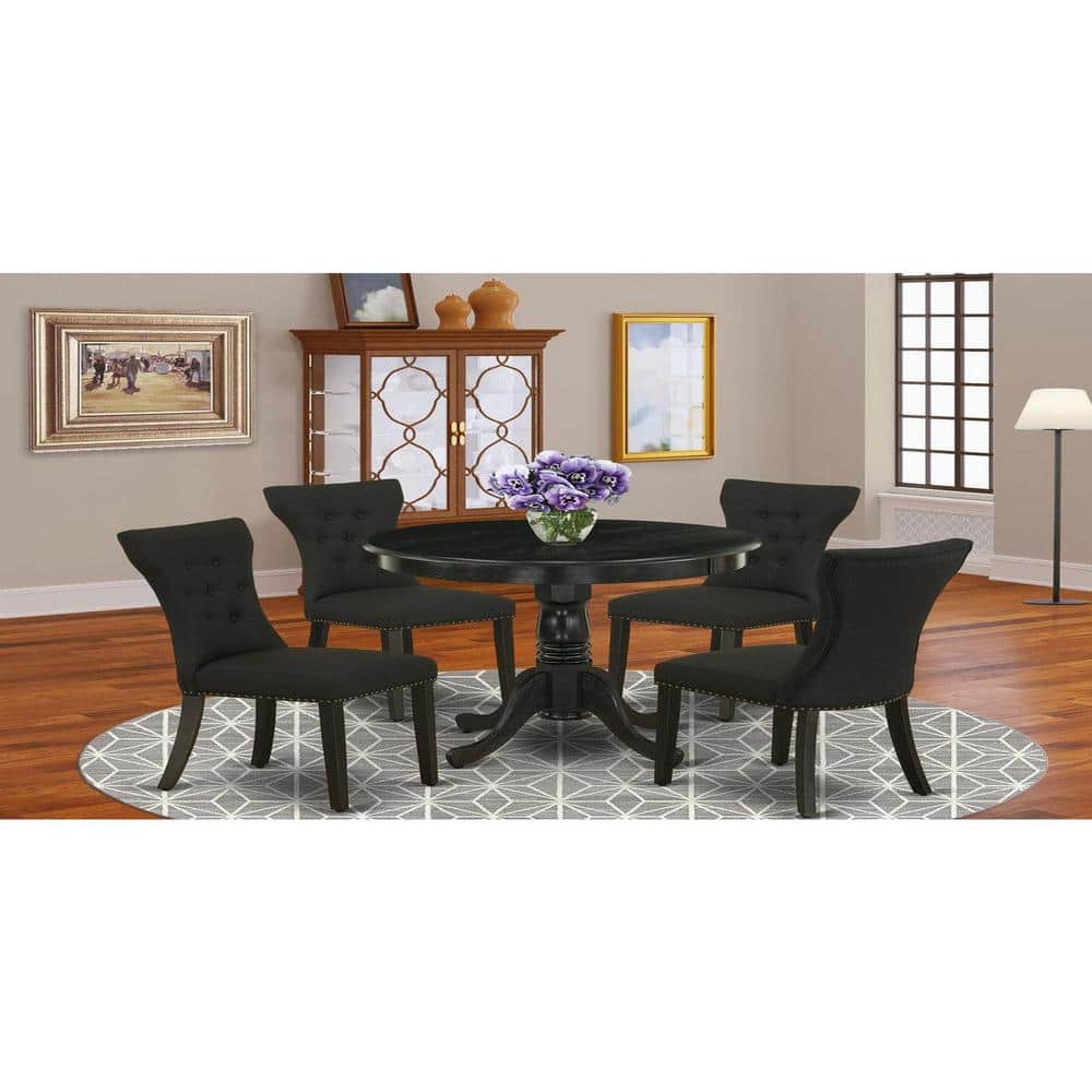 Elegant Tufted Black Linen and Rubber Wood 5-Piece Dining Set