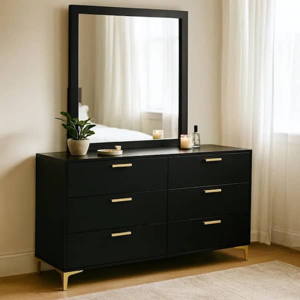 Dle Black and Gold 6 Drawer 15.75 in. Dresser with Mirror