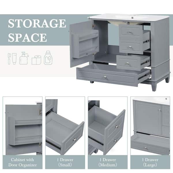 Ziyudura 36 in. Single Sink Freestanding Gray Bath Vanity with