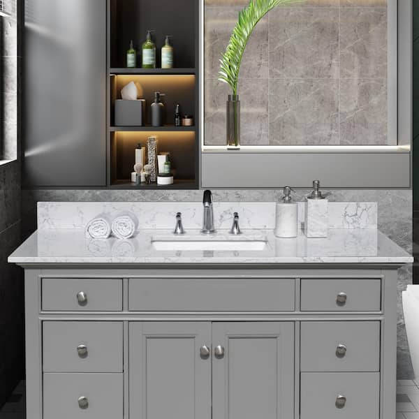 JASMODER 49 in. x 22 in. x 8 in. Natural Stone Bathroom Sink 4 in. Centerset in White