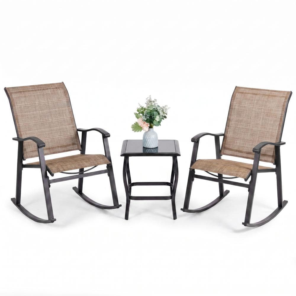 Vongrasig 3‑Piece Patio Rocking Chair Bistro Set, Outdoor Rockers with Glass Coffee Table Brown