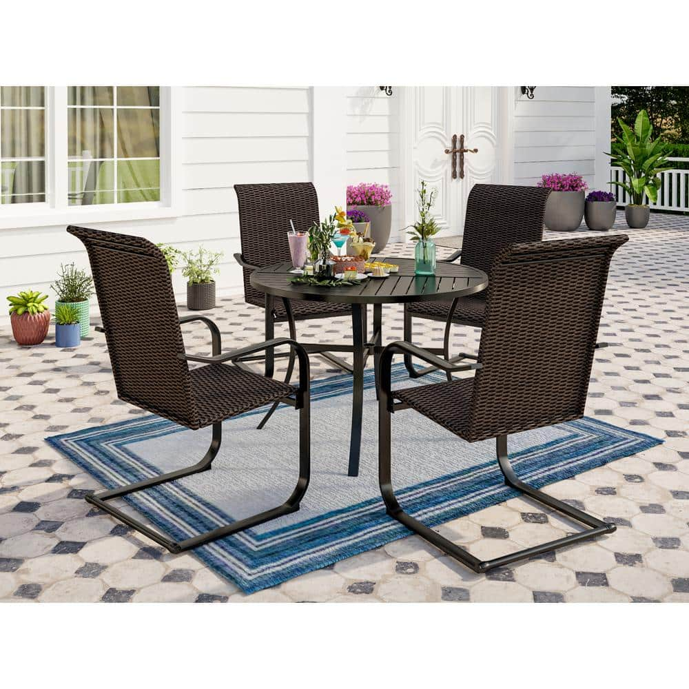 5-Piece Patio Outdoor Dining Set with Round Table and C-Spring Rattan Chair -  PHI VILLA, THD5-409002