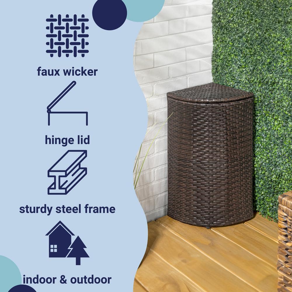Brown Faux Wicker Corner Outdoor Trash Can with Lid