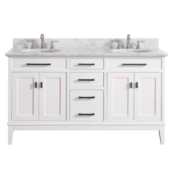 Avanity Madison 61 in. Double Sink White Bath Vanity with Carrara White Marble Top