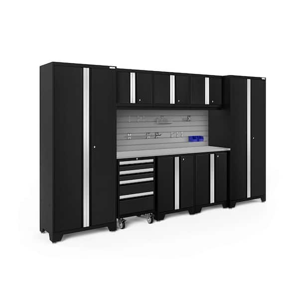 NewAge Products Bold Series 132 in. W x 76.75 in. H x 18 in. D 24-Gauge Steel Garage Cabinet Set in Black (9-Piece)
