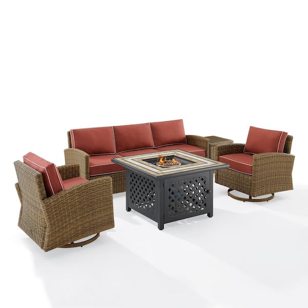 CROSLEY FURNITURE Bradenton Weathered Brown 5-Piece Wicker Patio Fire Pit Set with Sangria Cushions