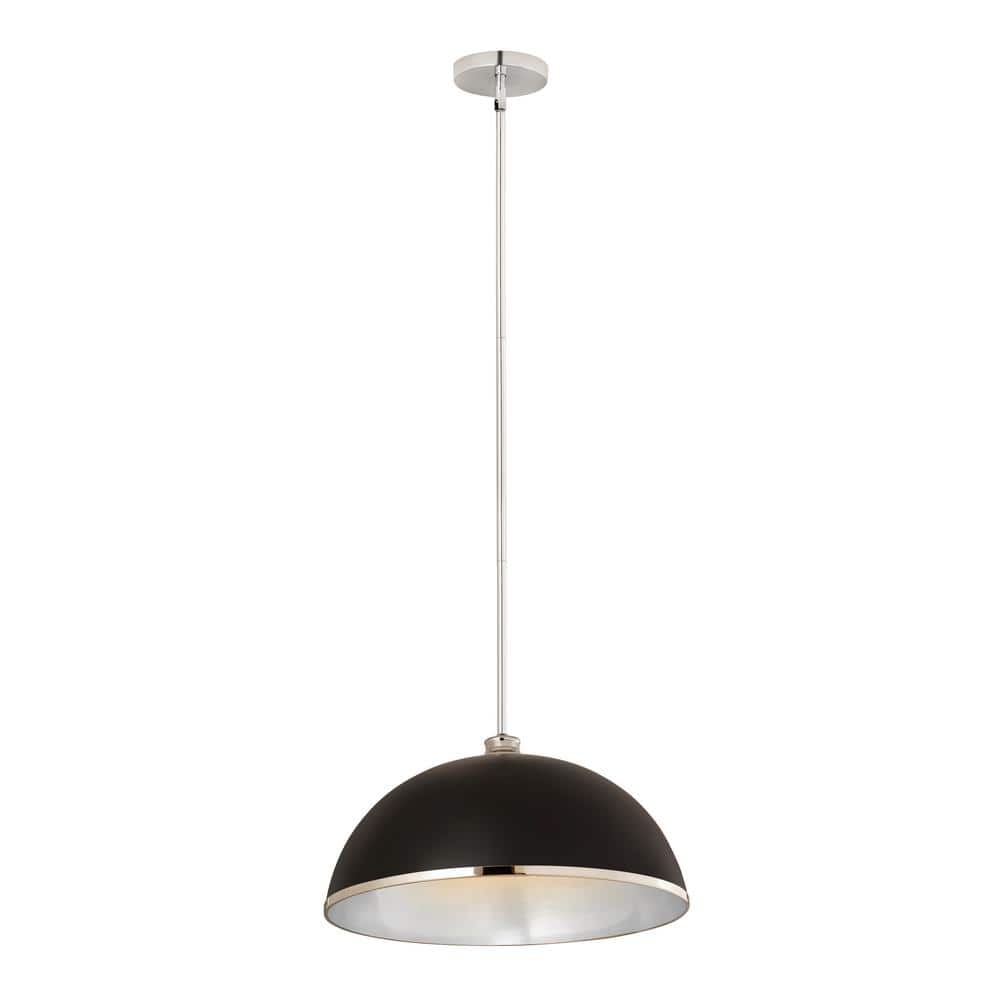 Matte Black and Chrome Steel Bowl Pendant Light
