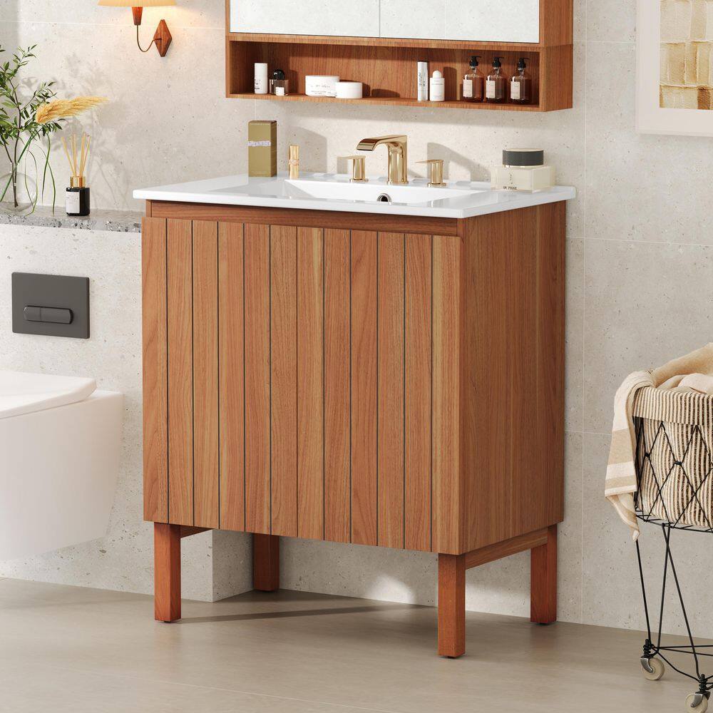 30 in. Freestanding Natural Bath Vanity with White Ceramic Top, Vertical Stripe Design Bathroom Vanity price history on PriceWatchPro
