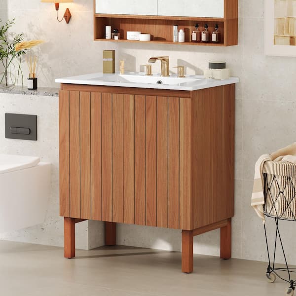 30 in. Freestanding Natural Bath Vanity with White Ceramic Top, Vertical Stripe Design Bathroom Vanity