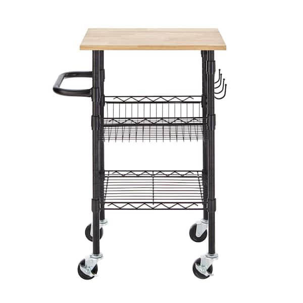 StyleWell Gatefield Black Small Kitchen Cart with Rubber Wood Top
