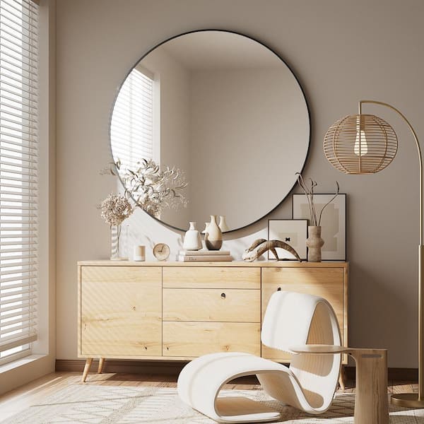 Black 28 in. W x 28 in. H Round Aluminum Framed Wall Mirror