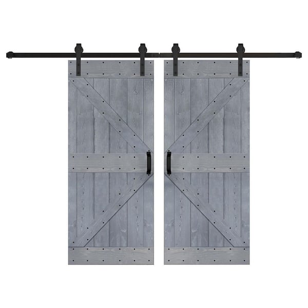 ISLIFE K Series 76 in. x 84 in. Weathered Gray Finished DIY Solid Wood Double Sliding Barn Door with Hardware Kit