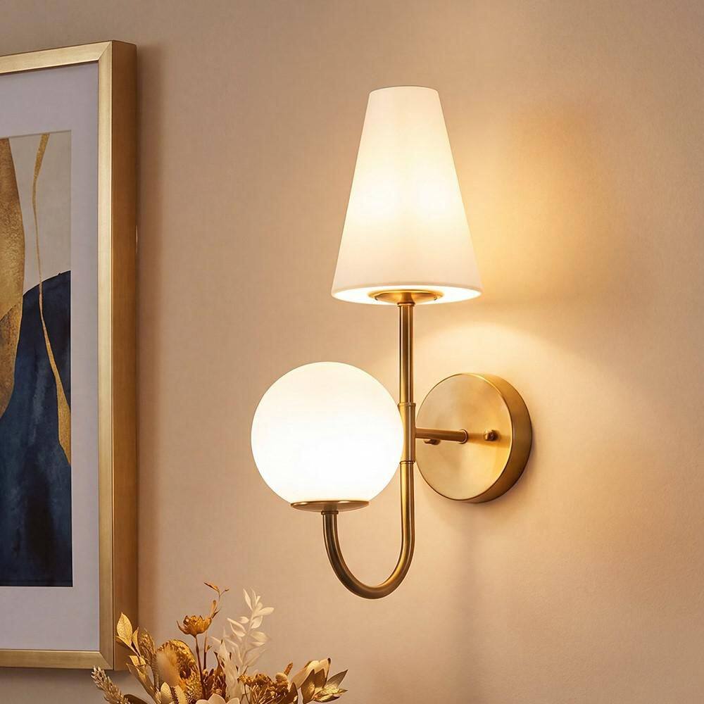 Grioda 18.8 in. 2-Light Antique Brushed Brass Wall Sconce with White Glass Shades, Wall Lamp for Bedroom, Living Room price history on PriceWatchPro