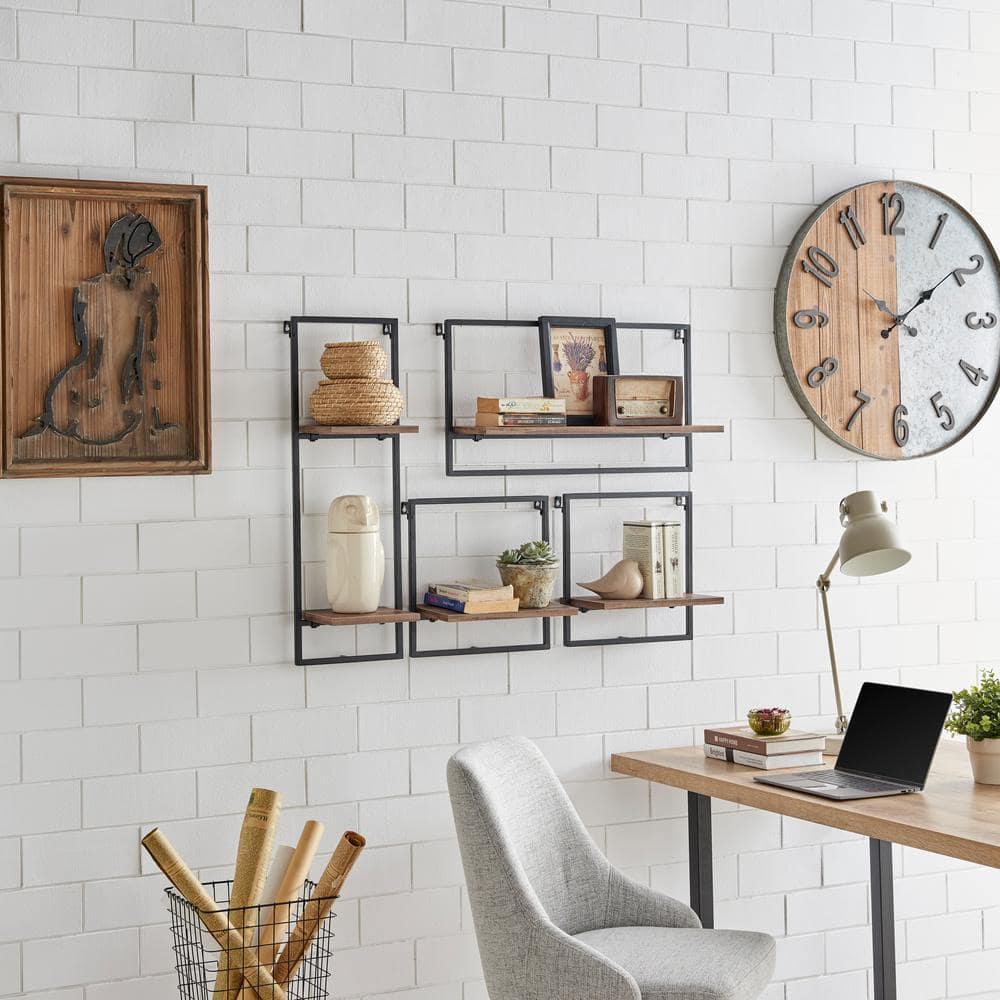 Rustic Black Metal Frame Floating Wall Shelf Set
