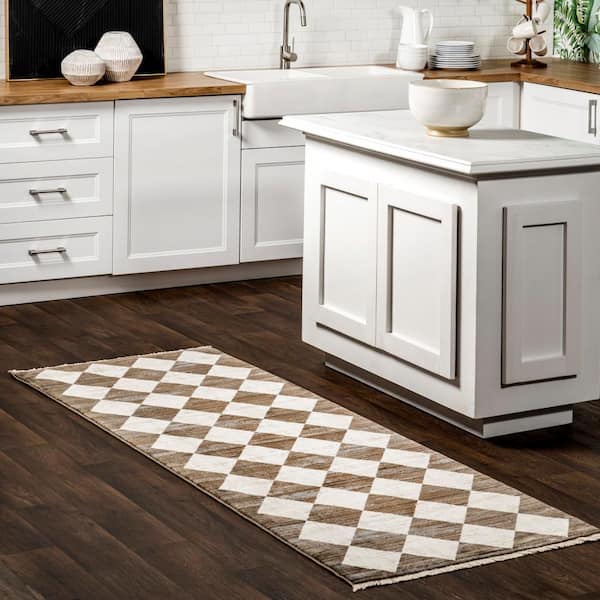 Meline Checkered Fringe Beige 2 ft. 8 in. x 7 ft. 10 in. Runner Rug