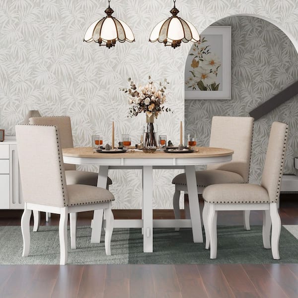 5-Piece Farmhouse Oak Natural Extendable Wood / Antique White Wood Top Dining Room Set Seats 4