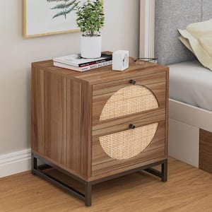 2-Drawer Walnut Accent Nightstand Home Decor Bedroom Square Wood End Bedside Table 20.87 in. x 15.75 in. x 15.75 in.