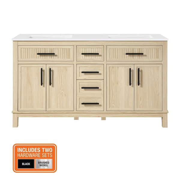 Riley 60 in. Double Sink Freestanding Light Birch Bath Vanity with White Engineered Stone Top (Assembled)