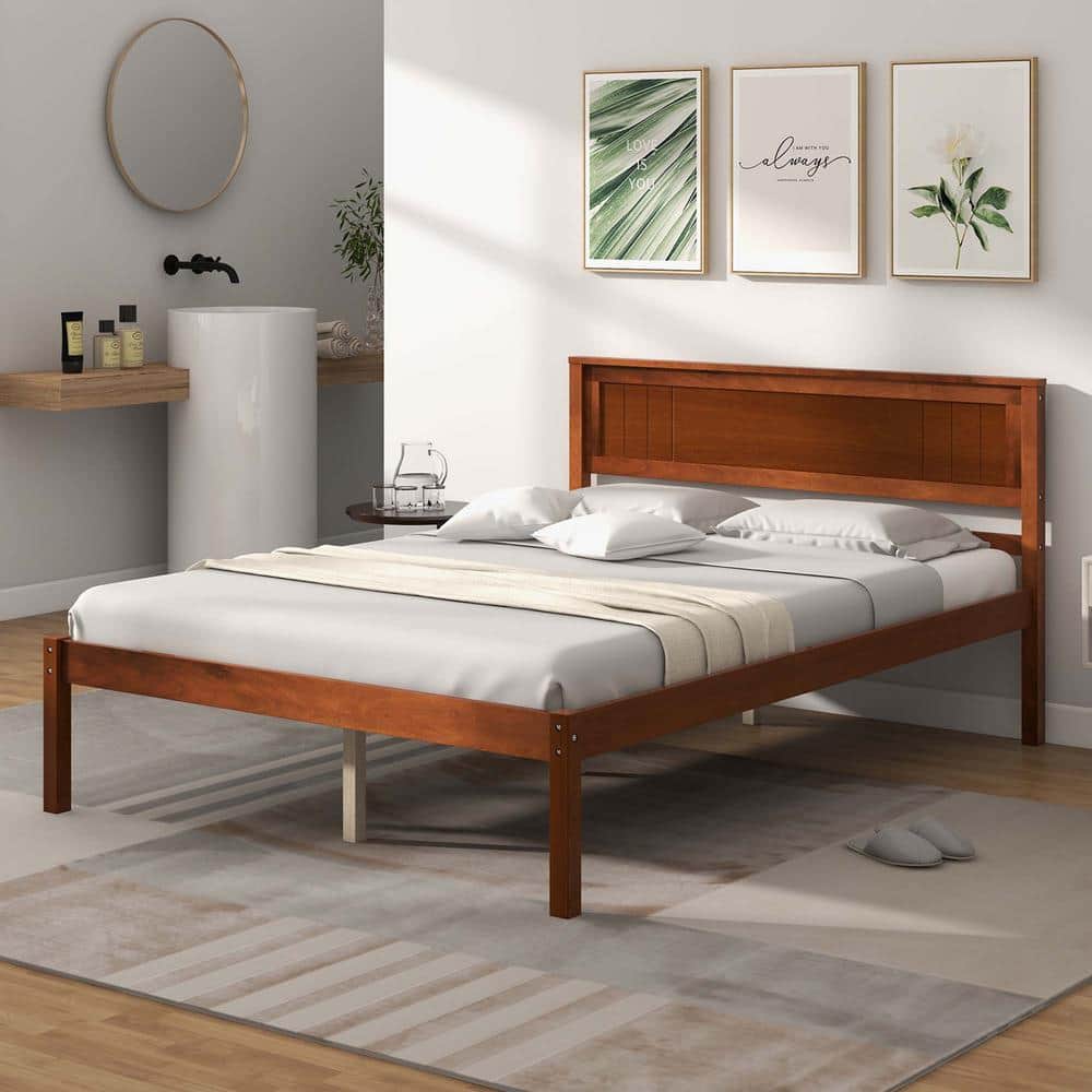 Brown Walnut Wood Frame Queen Size Platform Bed Frame with Headboard Mattress Foundation - thumbnail 10
