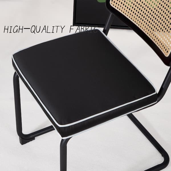 Outdoor Upholstered Ratten Dining Side Chairs with Cane Backrest, Chromed Metal Frame and Black Cushion (Set of 2)