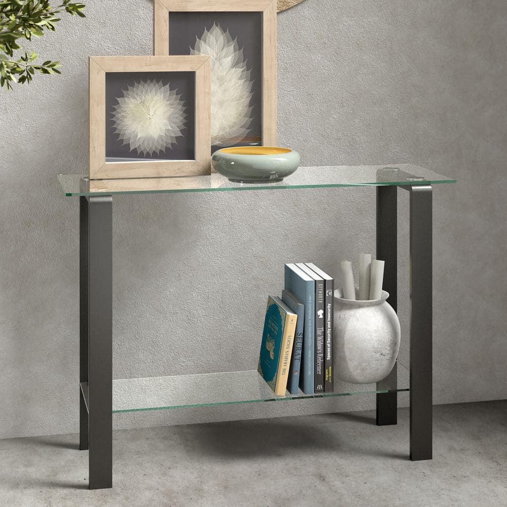 Asta 42'' Gunmetal Gray Glass Console Table with Storage