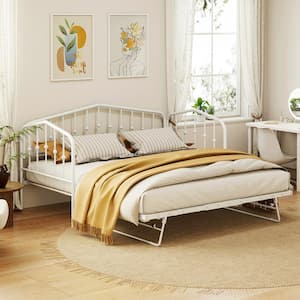 White Twin Size Metal Daybed with Twin Size Adjustable Portable Folding Trundle