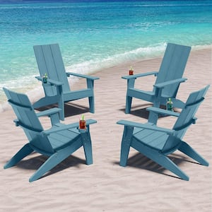 Oversize Modern Blue Plastic Outdoor Patio Adirondack Chair with Cup Holder (4-Pack)