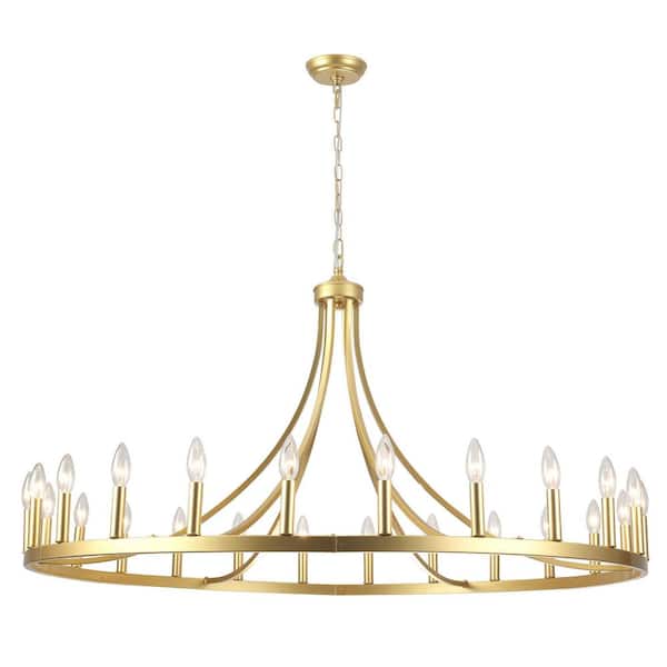 24-Light Gold Farmhouse Wagon Wheel Chandelier for Living Room, Kitchen Island, Bedroom