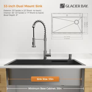 33 in Drop-In Single Bowl 18-Gauge Gunmetal Stainless Steel Workstation Kitchen Sink with Waterfall and Pull-Down Faucet