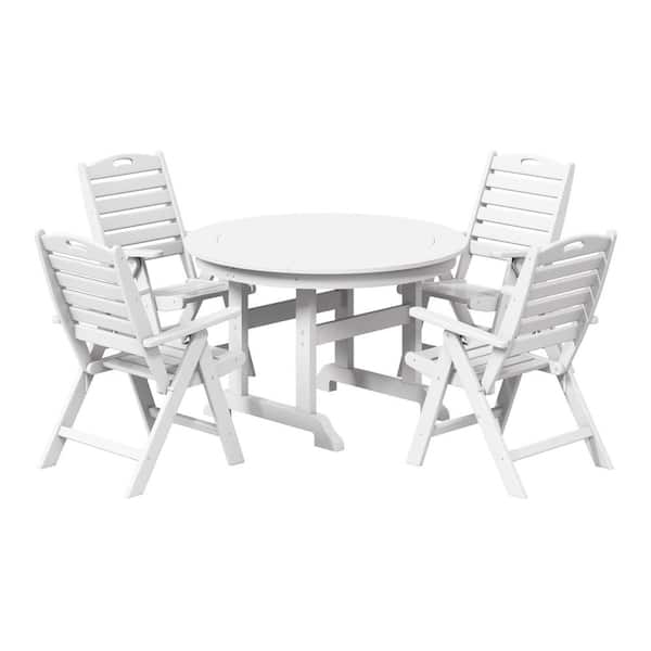 Laguna All Weather HDPE Plastic Outdoor 5-Piece Round Table Folding Highback Chairs Patio Dining Set, White