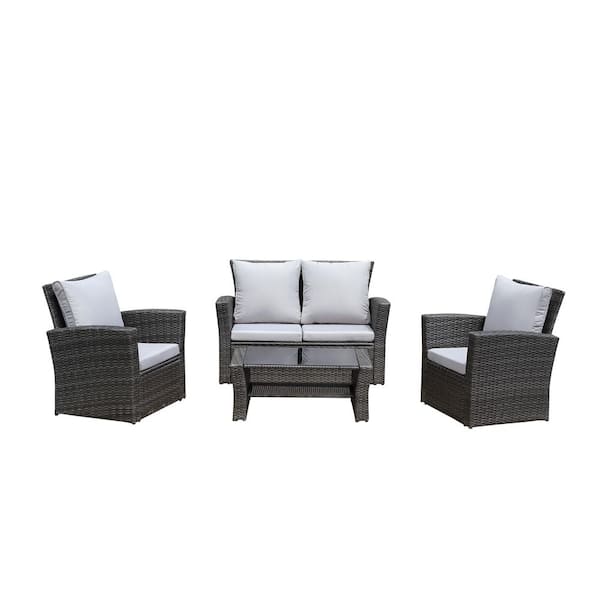 ITOPFOX Dark Gray 4-Pieces Wicker Outdoor Sectional Set with Gray Cushions PE Rattan Patio Furniture Set With Cushions