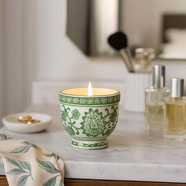 Liv & Skye 4 in. x 3.5 in. Green Ceramic Plumeria Scented Bowl
